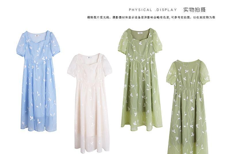 Short-Sleeve Leaf Embroidered Midi A-Line Dress Product Image
