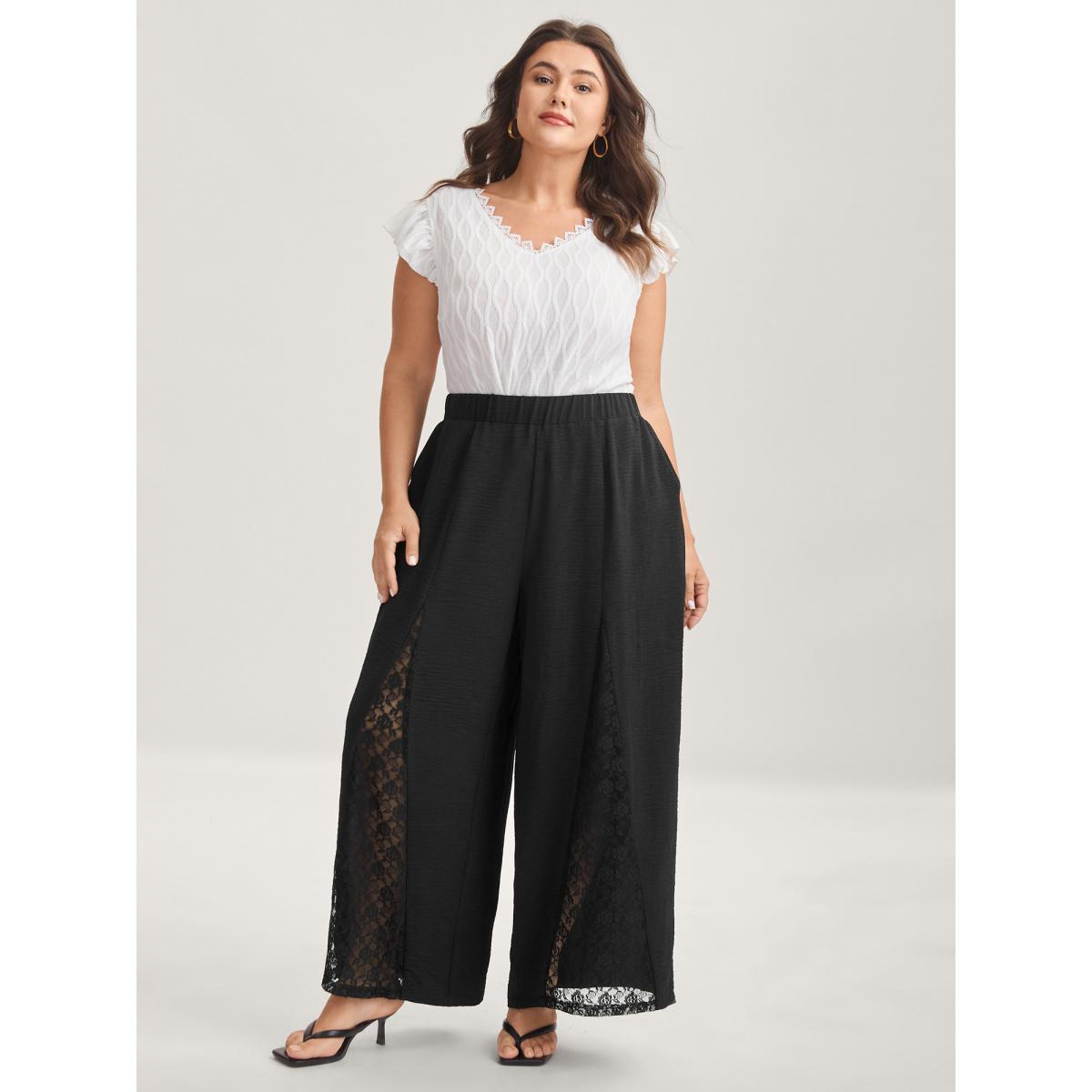 Plus Size Lace Trim Sheer Wide-Leg Pants Women Black Everyday-Elegant Pants BloomChic 26/4X Product Image