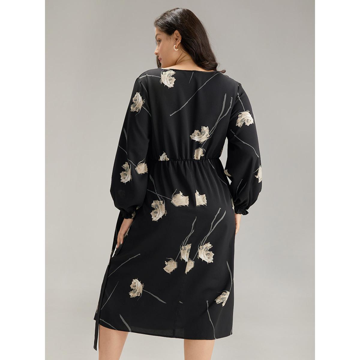Plus Size Geometric Wrap Ties Lantern Sleeve Dress BlackFlower Women Office Cross straps V-neck Long Sleeve Curvy Midi Dress BloomChic 14-16/1X Product Image