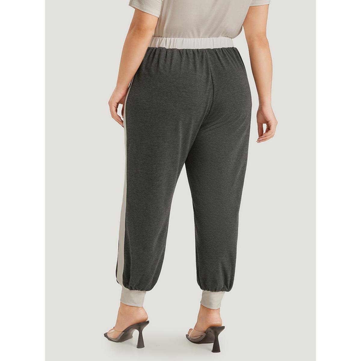 Two Tone Patchwork Pocket Elastic Waist Sweatpants Gray Plus Size Women Elegant Dailywear Contrast 14-16/1X Bloomchic Product Image
