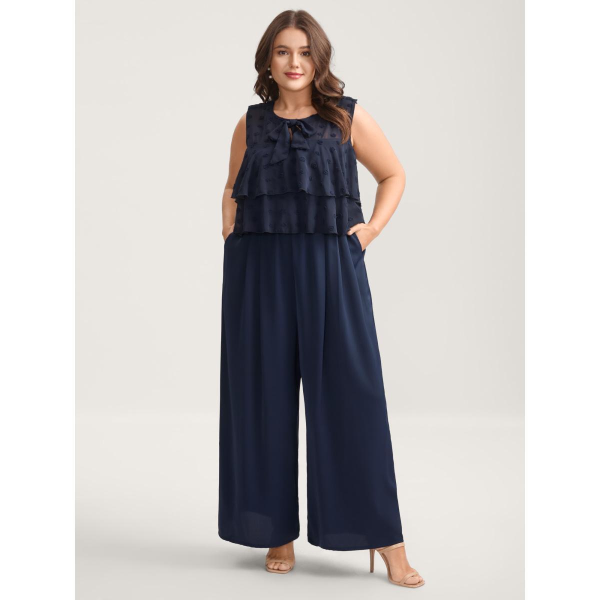 Plus Size Indigo Polka Dots Adjustable Shoulder Sheer Jumpsuit Women Sleeveless Ribbon-tied collar Everyday-Elegant Loose Jumpsuits BloomChic 22-24/3X Product Image