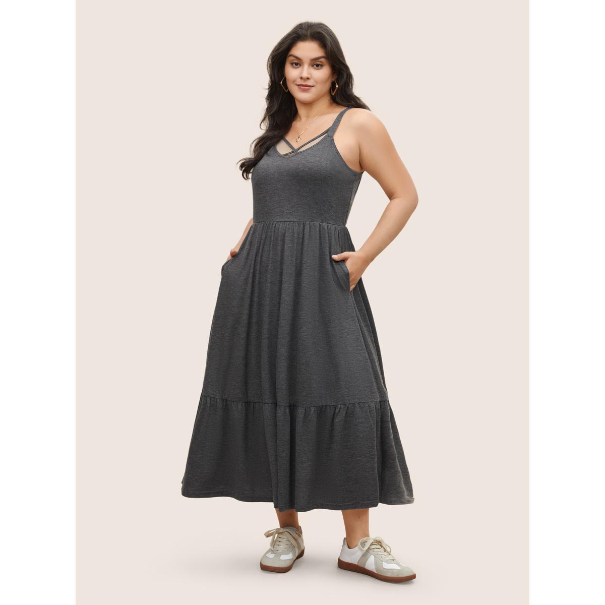 Plus Size Solid Crisscross Patchwork Ruffle Hem Dress DimGray Women Casual Non U-neck Sleeveless Curvy Midi Dress BloomChic 12/L Product Image