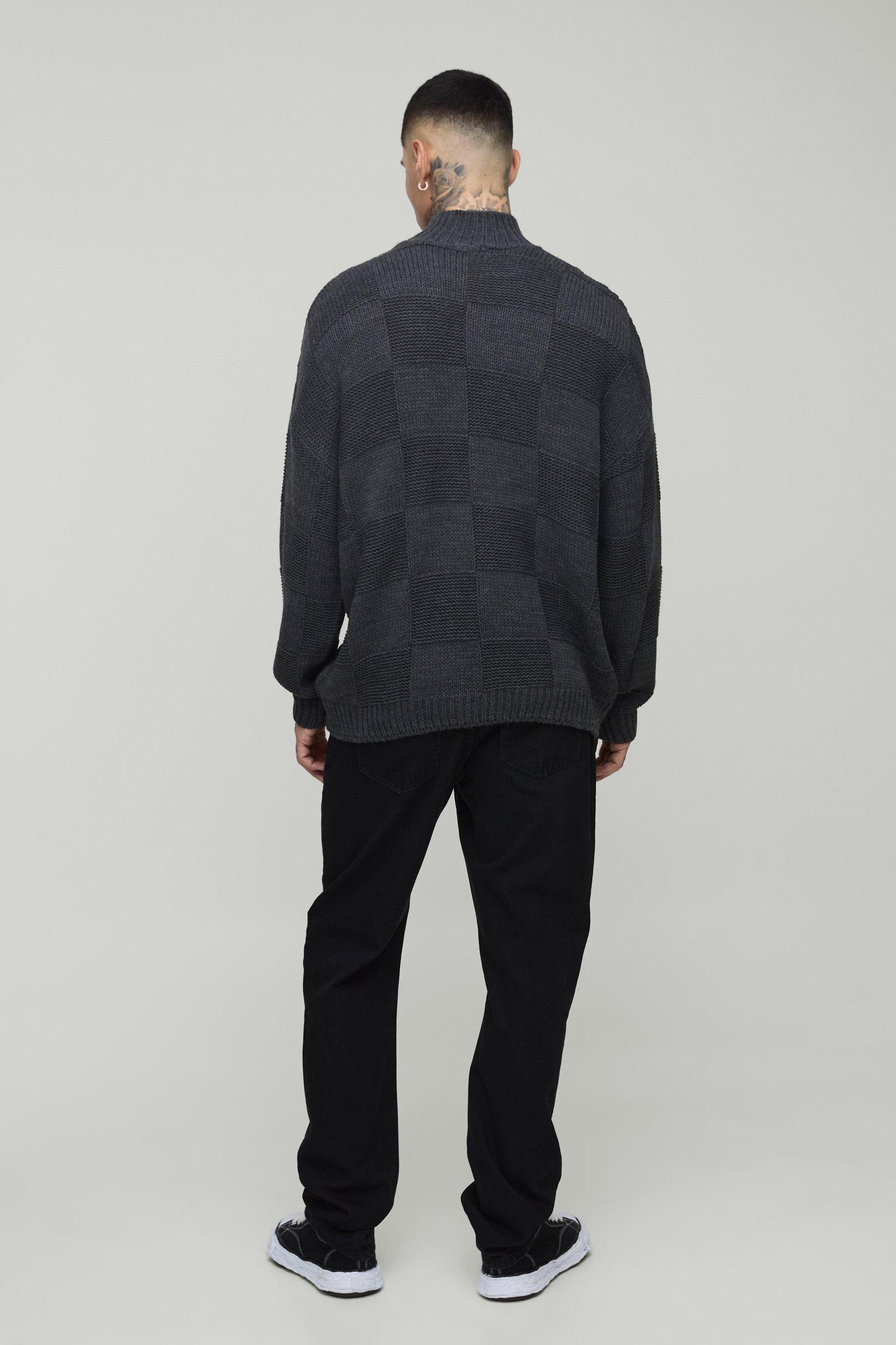 Tall Oversized Plaid Funnel Neck Knitted Sweater | boohooMAN USA Product Image