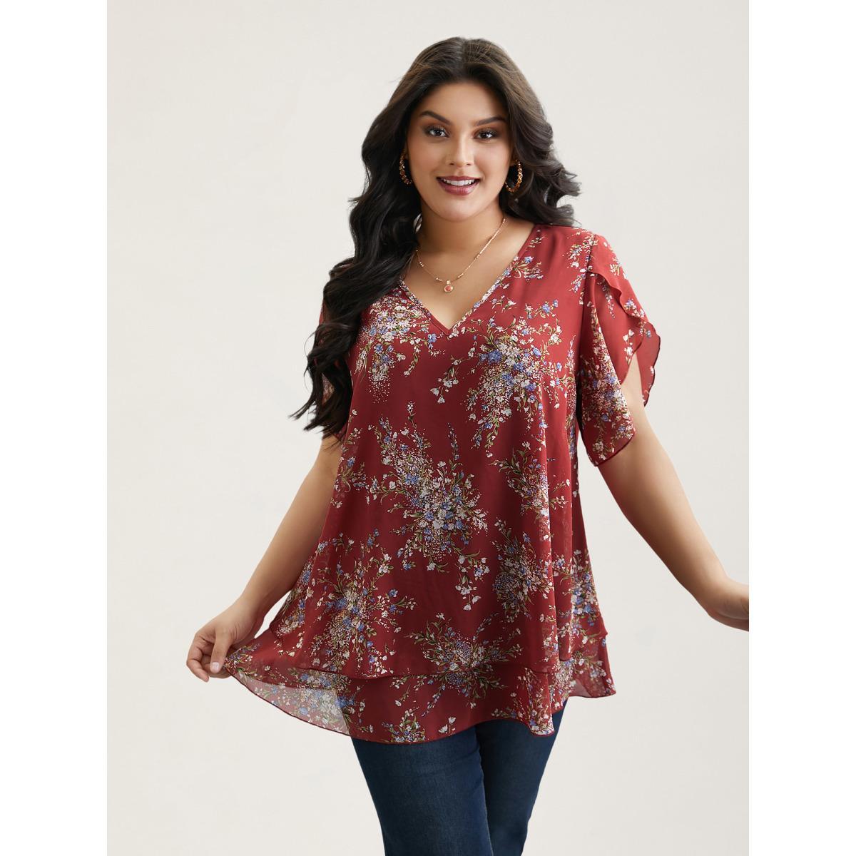 Plus Size Scarlet Floral Print Petal Sleeve Layered Blouse Women Elegant Half Sleeve V-neck Everyday Blouses BloomChic 30/6X Product Image