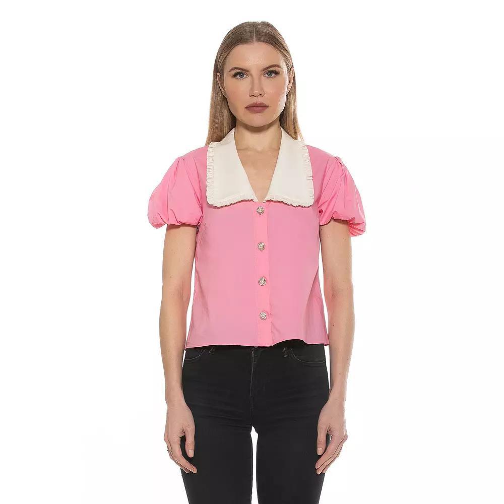 Women's ALEXIA ADMOR Sandra Short Sleeve Top with Embellished Button, Size: 8, Pink Product Image