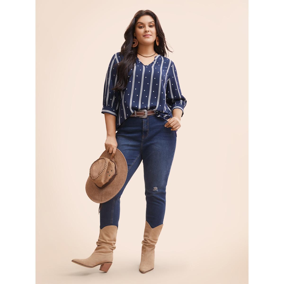 Plus Size Indigo Striped Geometric Notched Gathered Blouse Women Resort Elbow-length sleeve Notched collar Vacation Blouses BloomChic 30/6X Product Image