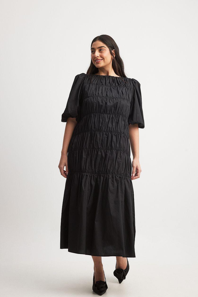 Cotton Puff Sleeve Smock Detail Midi Dress Product Image