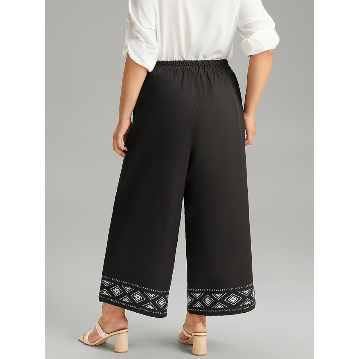 Plus Size Boho Print Elastic Waist Straight Leg Pants Women Black Vacation Straight Leg High Rise Dailywear Pants BloomChic 10/M Product Image