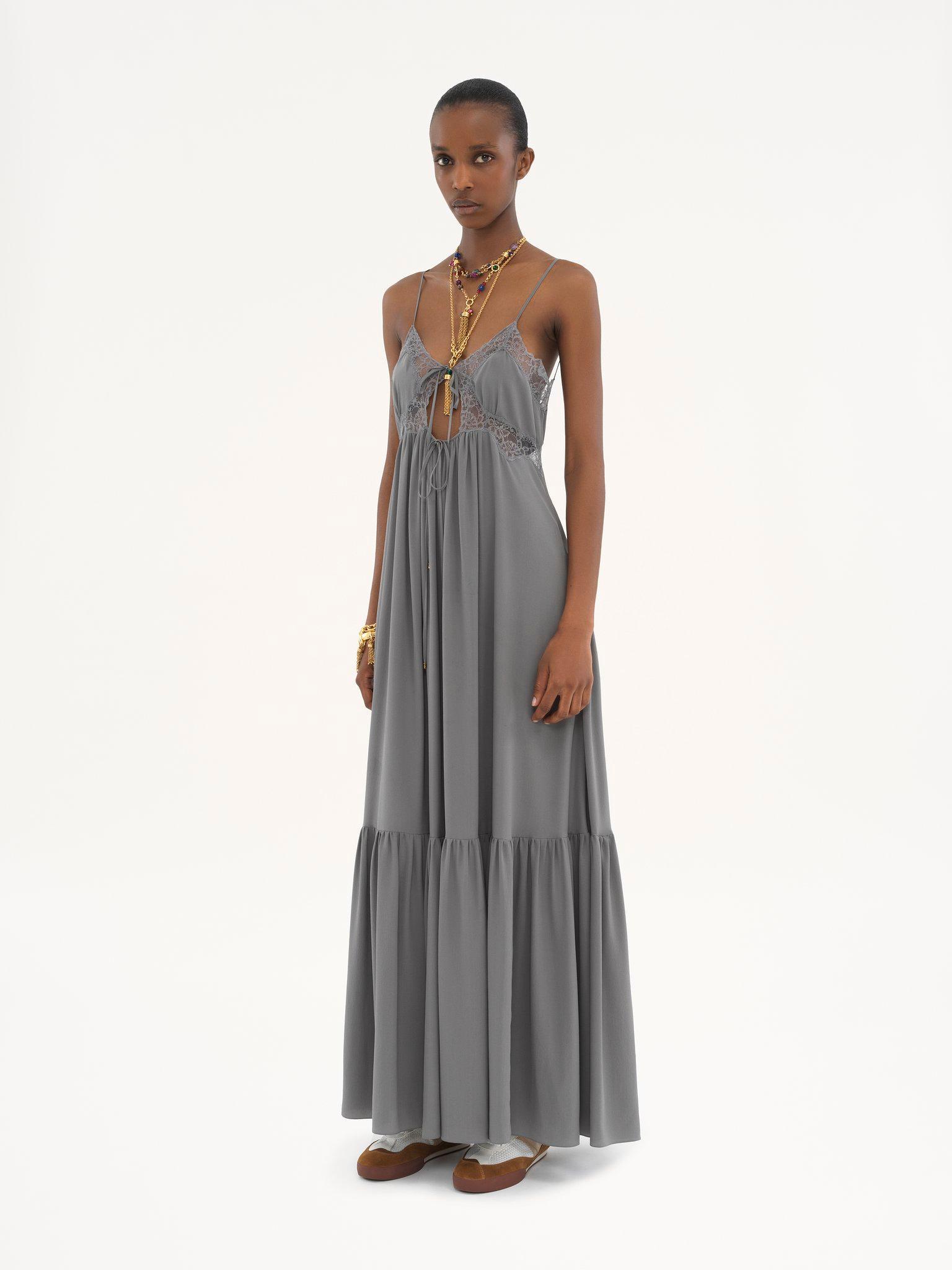 Sleeveless long dress in silk crêpe de chine Product Image