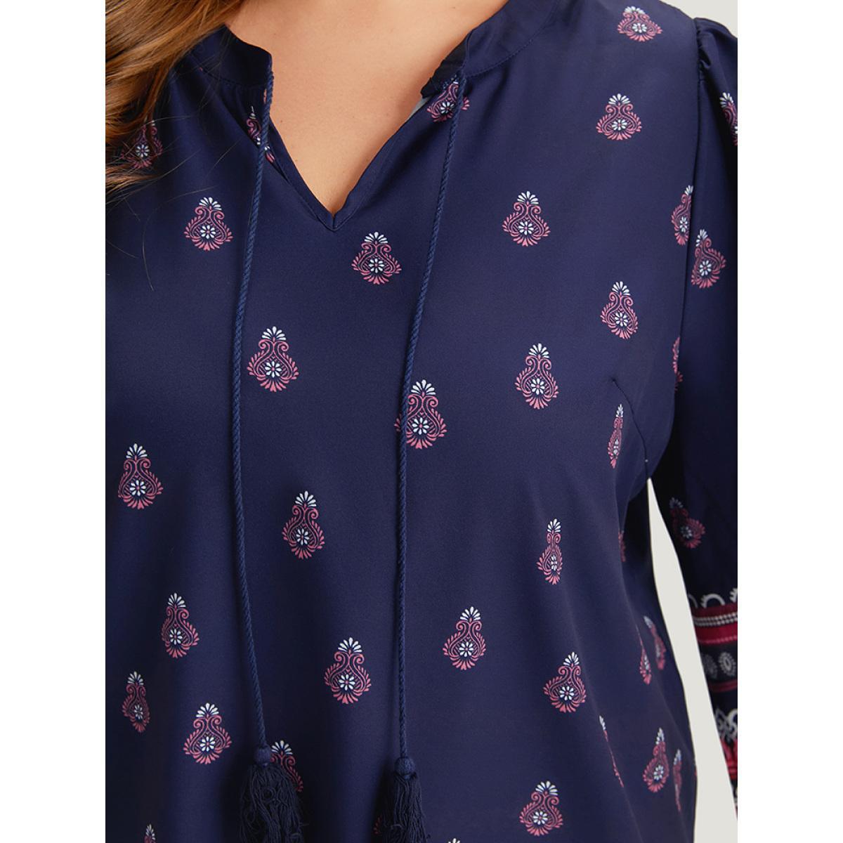 Plus Size Indigo Boho Print Tie Neck Tassel Trim Blouse Women Vacation Elbow-length sleeve V-neck Vacation Blouses BloomChic 18-20/2X Product Image