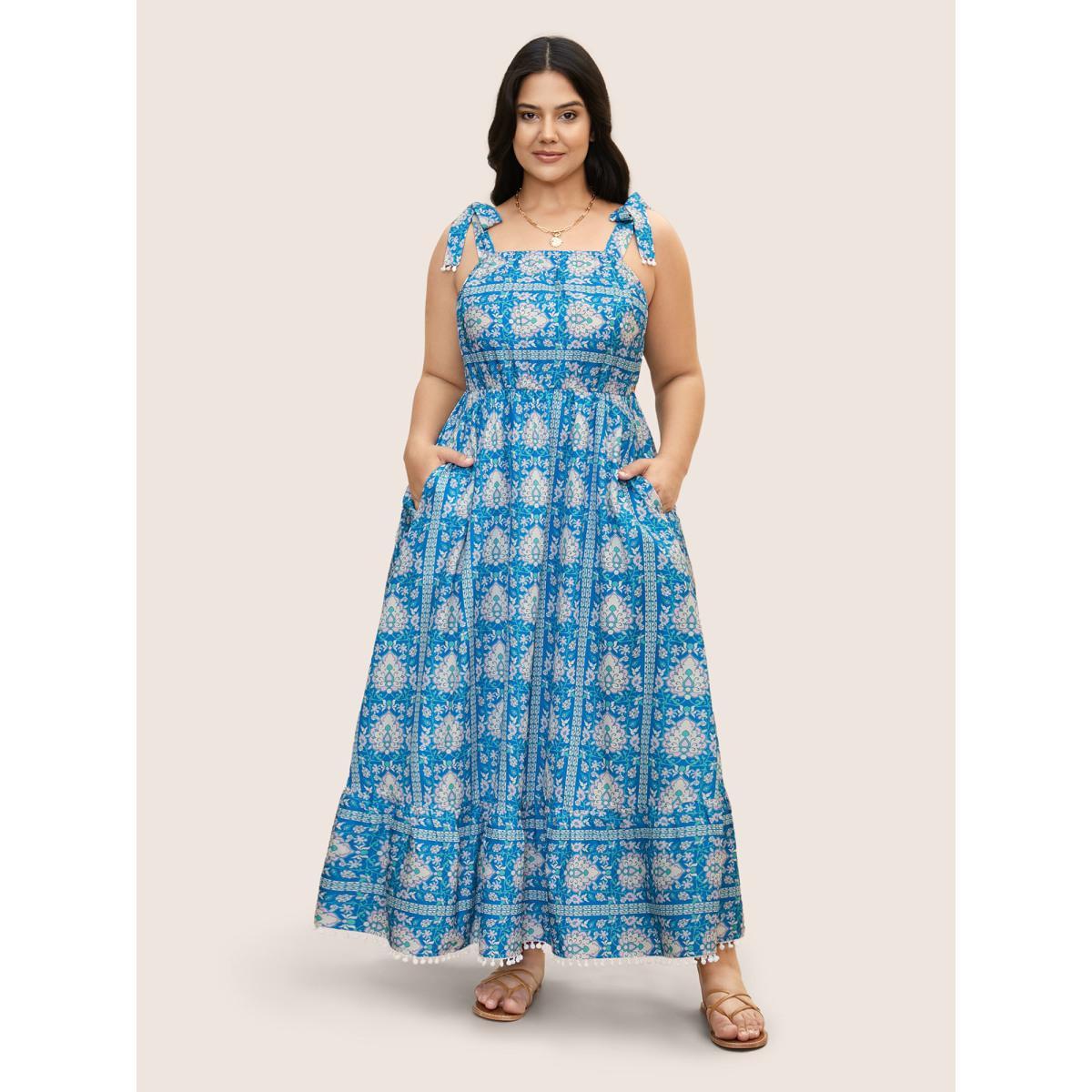 Plus Size Boho Print Tie Knot Pompom Trim Dress Cerulean Women Resort Woven ribbon&lace trim One-shoulder neck Sleeveless Curvy BloomChic 30/6X Product Image
