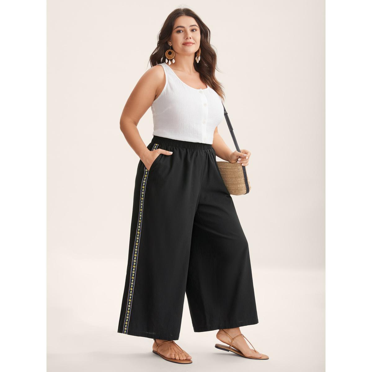 Plus Size Lace Detail Solid Straight-Leg Pants Women Black Resort Straight Leg Mid Rise Vacation Pants BloomChic 12/L Product Image