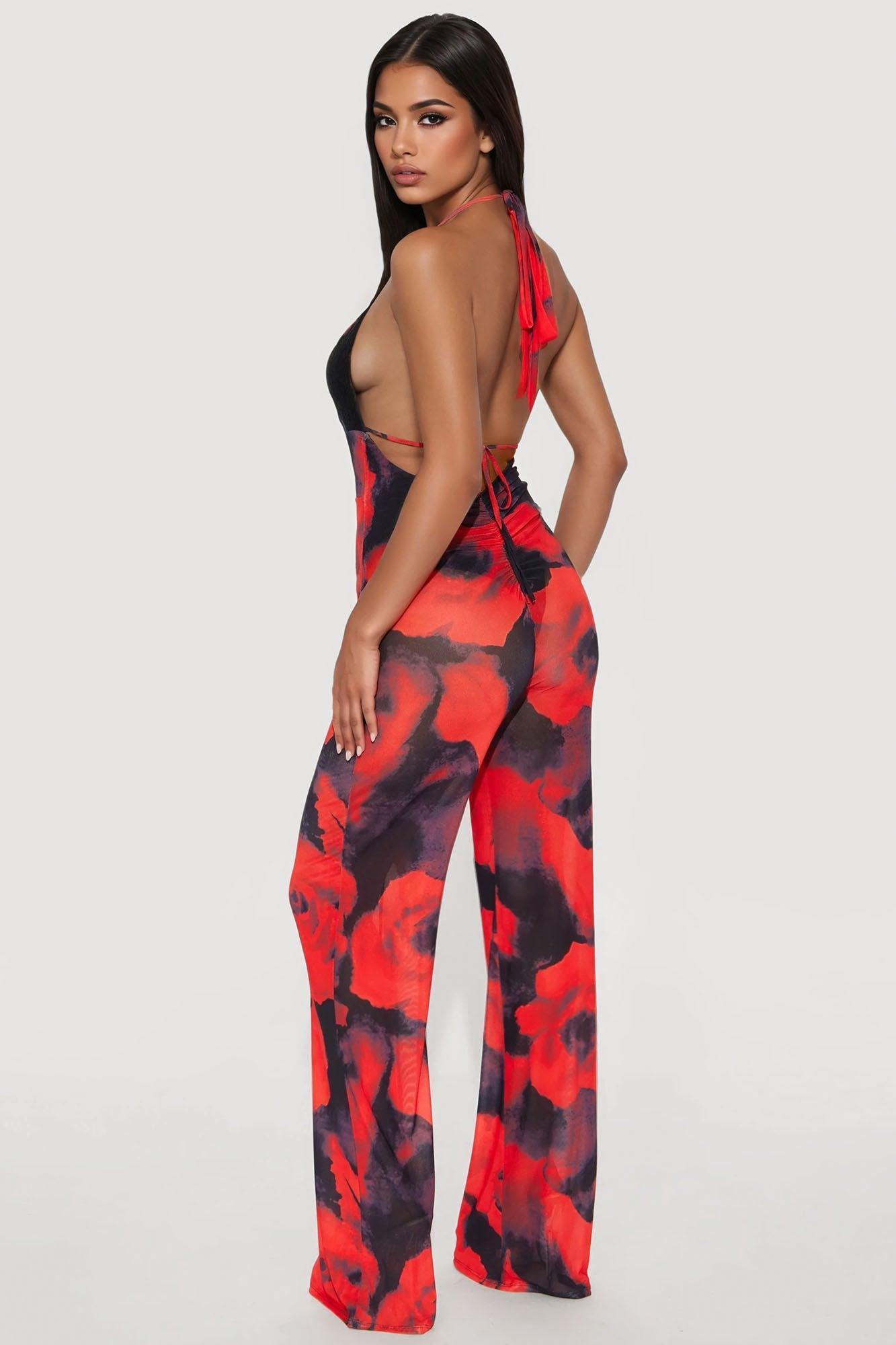 Rosemary Halter Mesh Jumpsuit - Red/Black Product Image