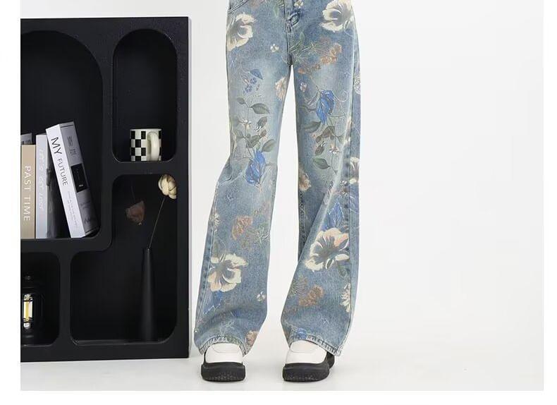 High Rise Floral Print Washed Loose Fit Jeans Product Image