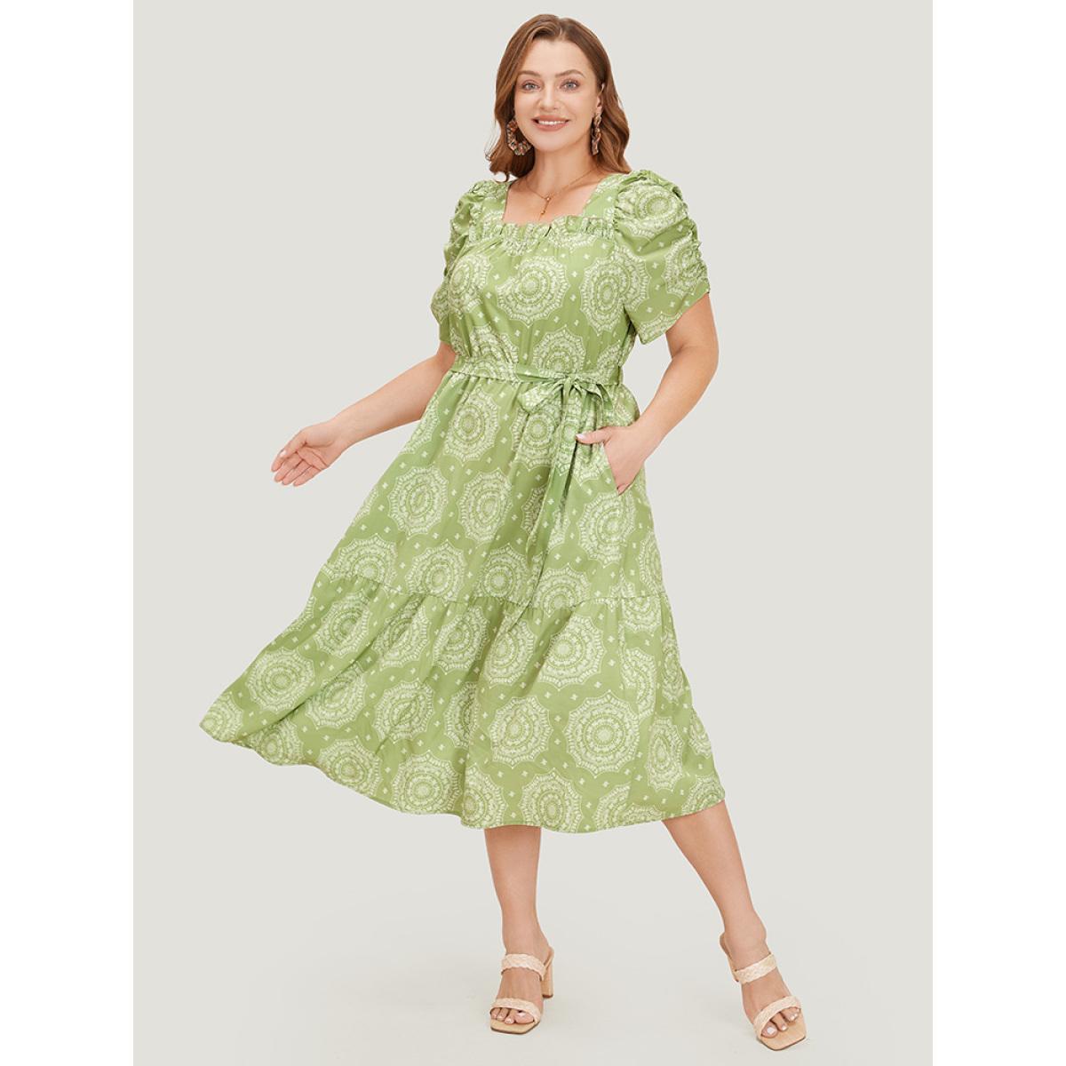 Plus Size Bandana Print Ruched Sleeve Frill Trim Pocket Belt Dress LightGreen Women Vacation Ruched Square Neck Short sleeve Curvy Midi Dress BloomChic 28/5X Product Image