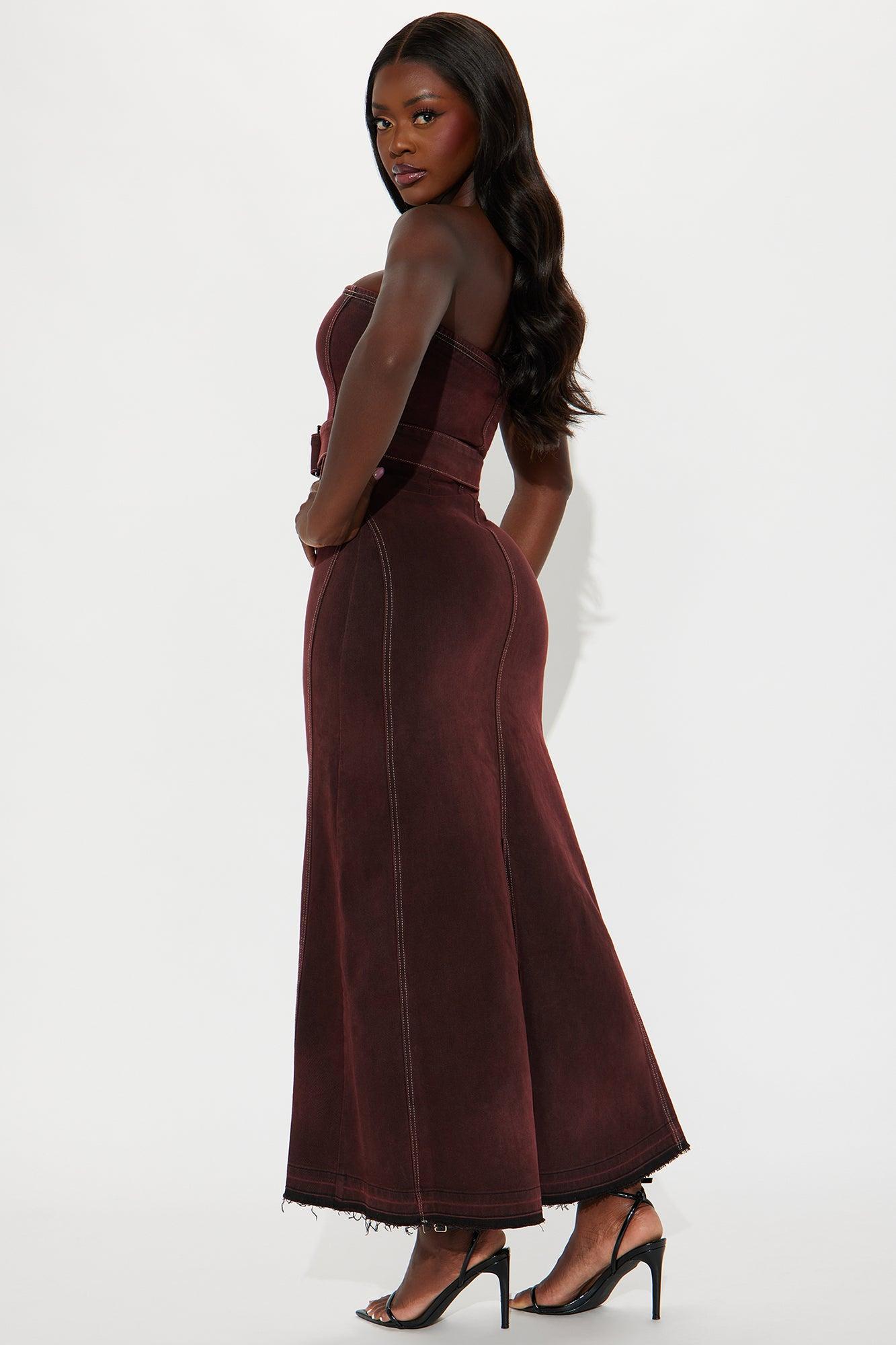 Mila Denim Maxi Dress - Burgundy Product Image