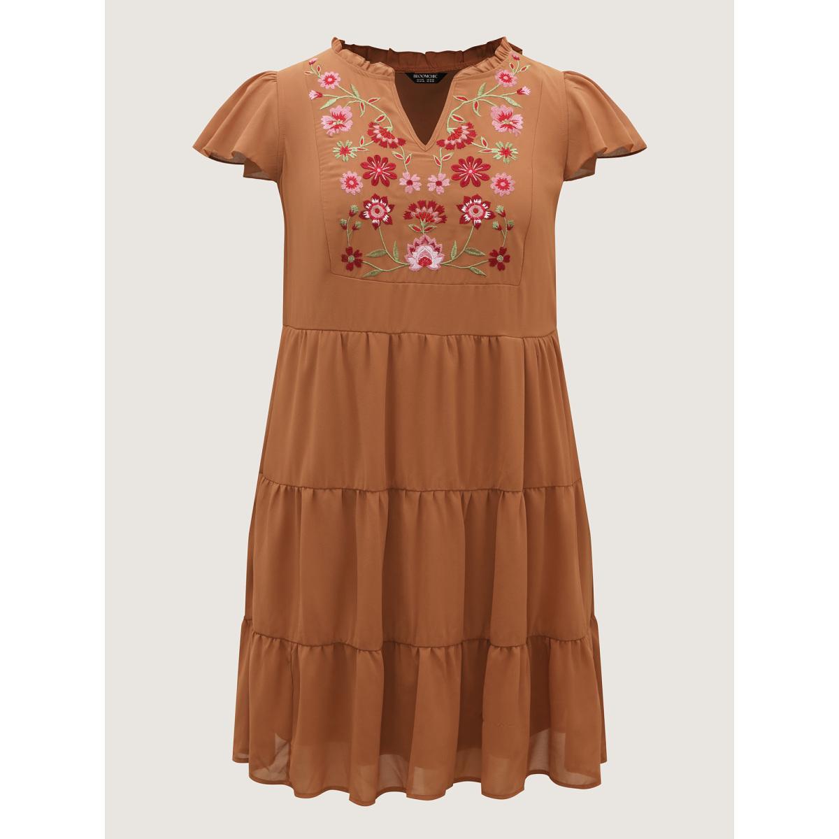 Plus Size Chiffon Floral Embroidered Tiered Midi Dress Bronze Women Embroidered Notched collar Cap Sleeve Curvy BloomChic 12/L Product Image