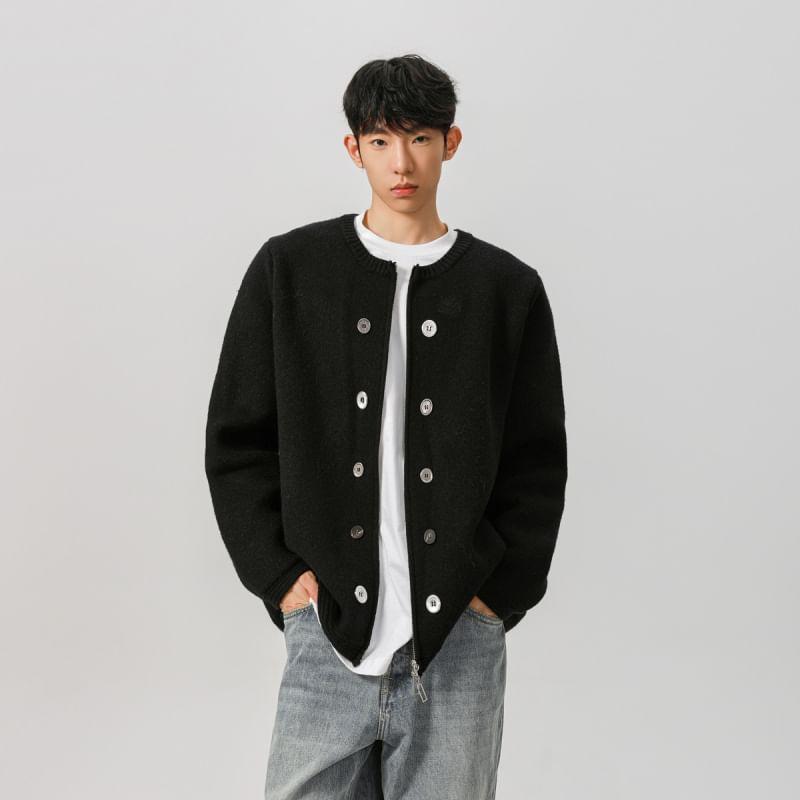 Crew Neck Plain Knit Zip Jacket Product Image