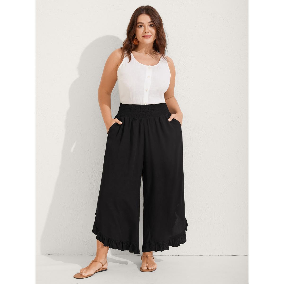 Plus Size Ruffled Curvy Hem Wide-Leg Pants Women Black Resort Wide Leg Mid Rise Vacation Pants BloomChic 14-16/1X Product Image