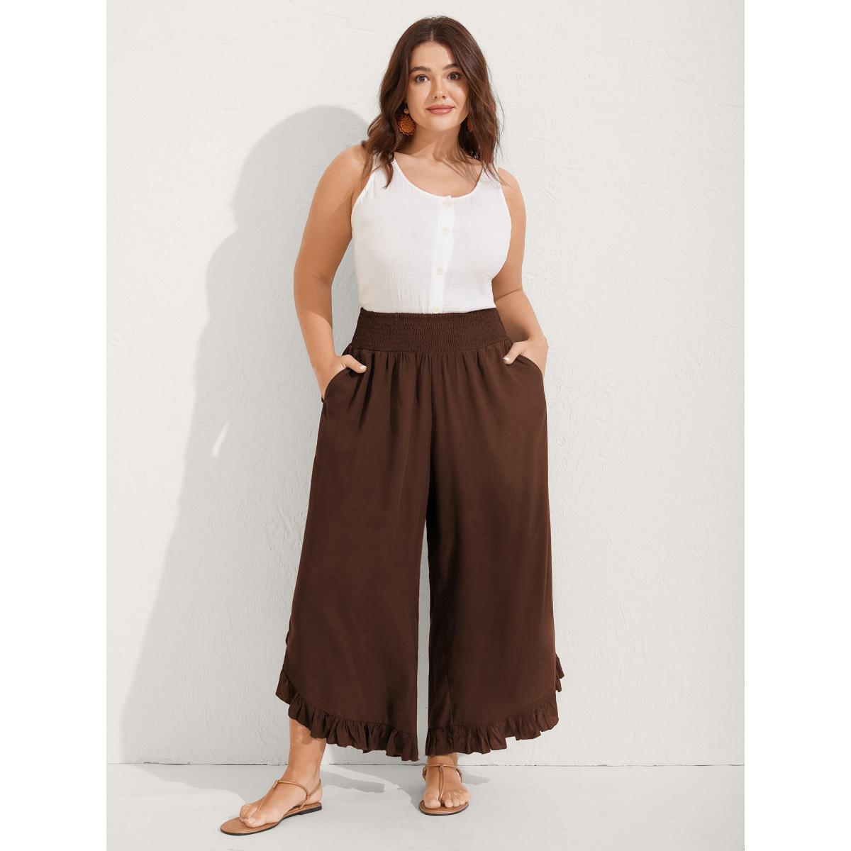Plus Size Ruffled Curvy Hem Wide-Leg Pants Women Plum Resort Wide Leg Mid Rise Vacation Pants BloomChic 10/M Product Image