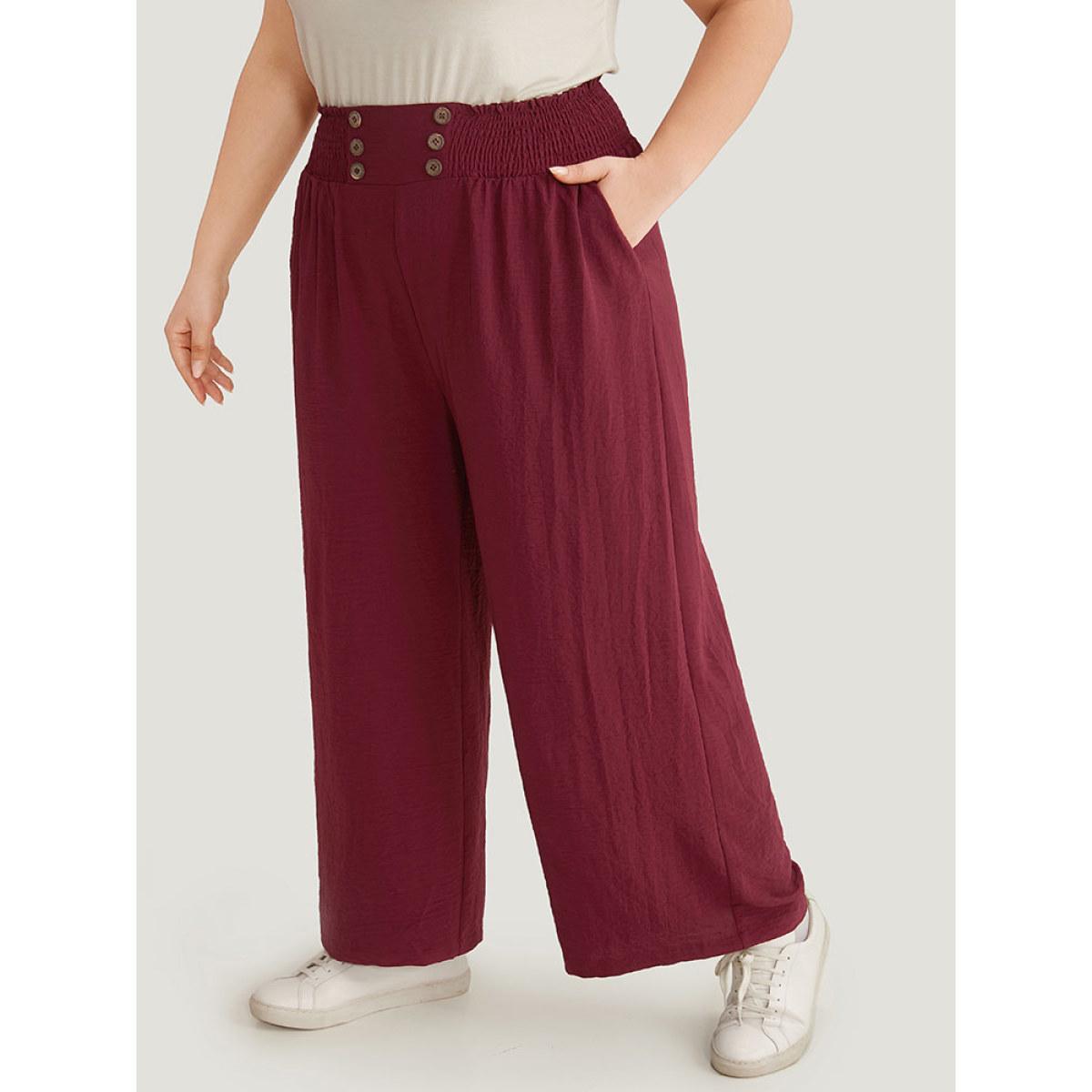 Plus Size Button Detail Shirred Wide Leg Pants Women Burgundy Glamour Wide Leg High Rise Going out Pants BloomChic 18-20/2X Product Image