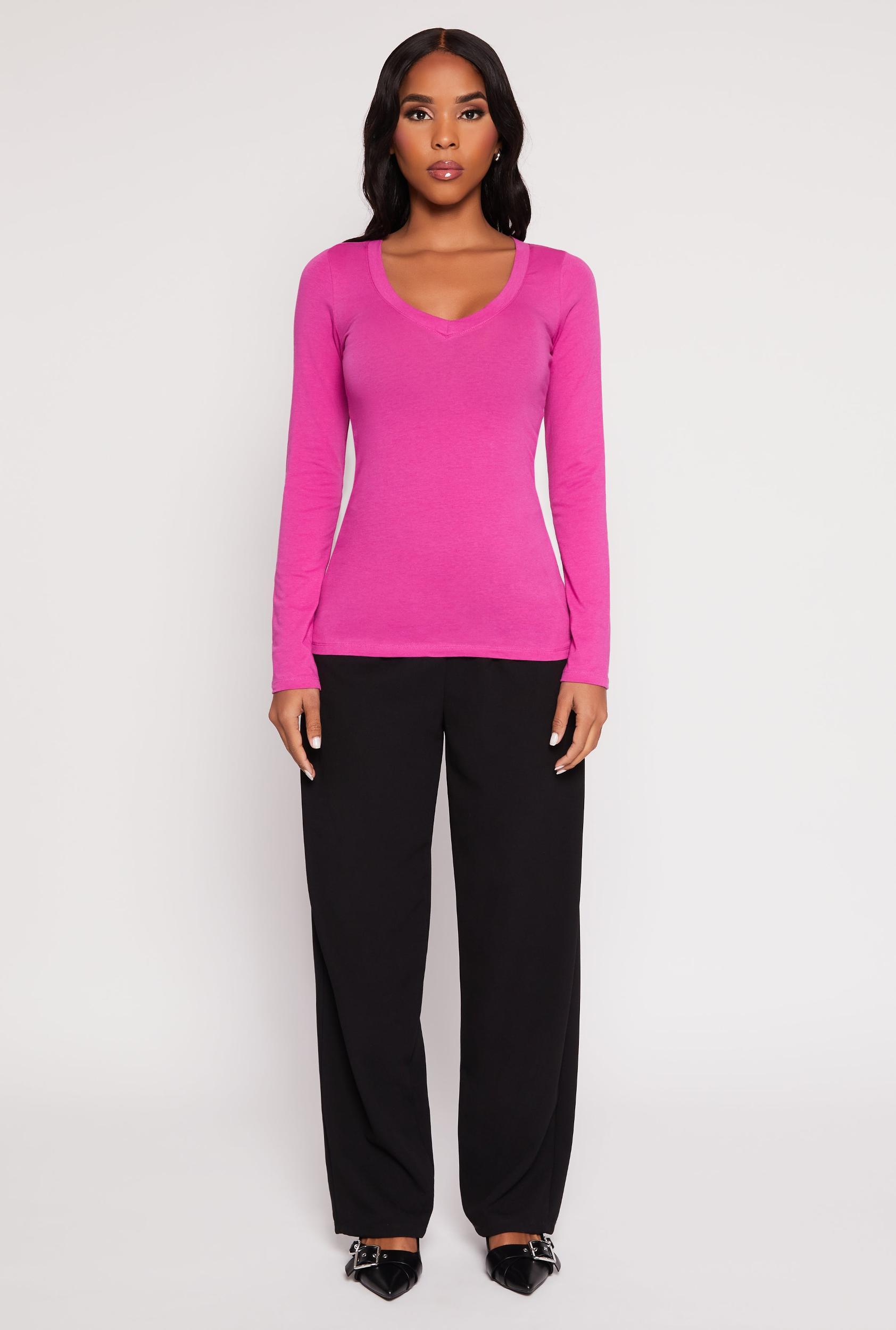 Womens Basic Long Sleeve V Neck Tee Product Image