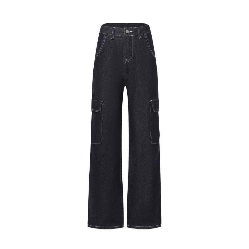 High Waist Unwashed Loose Fit Cargo Jeans Product Image