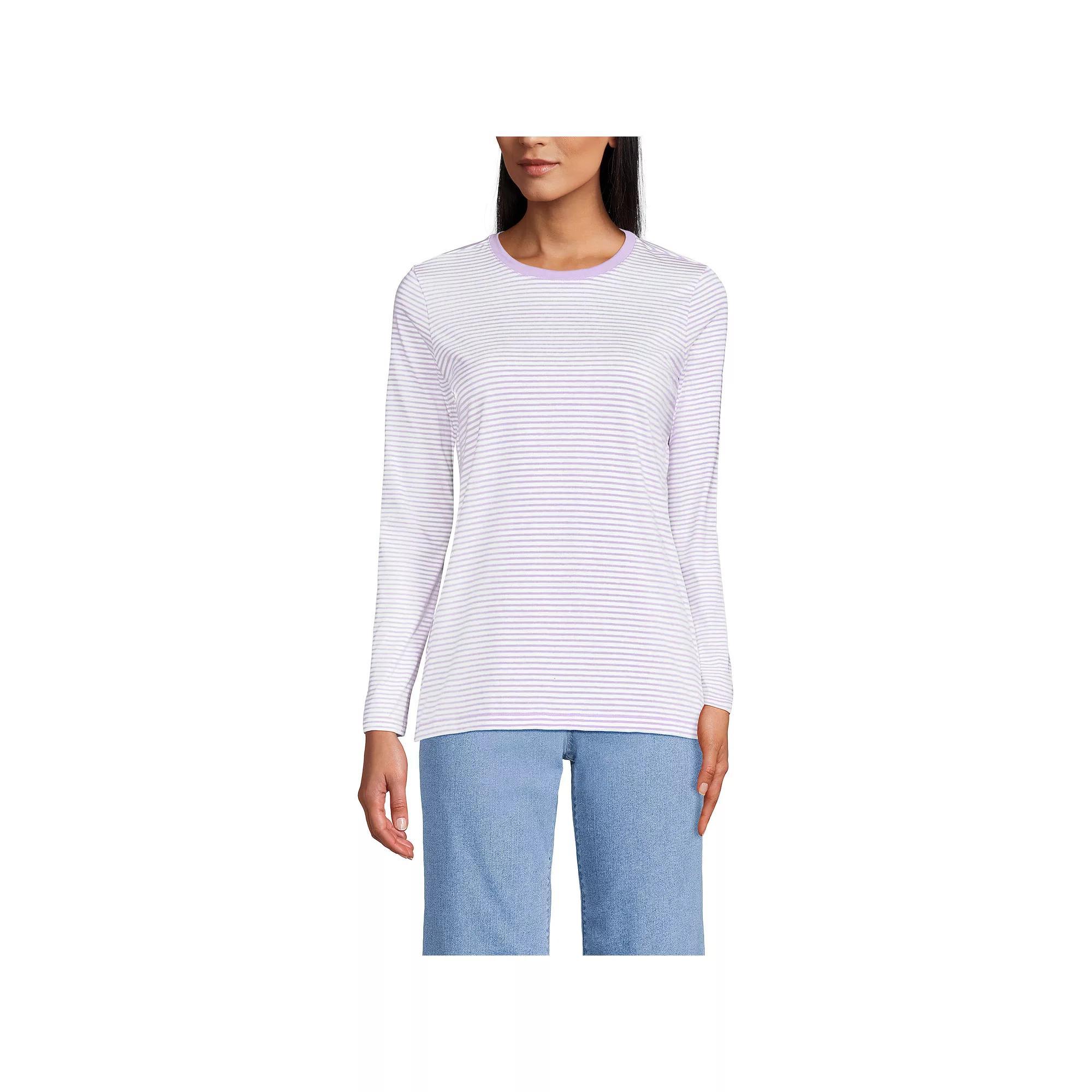 Petite Lands End Relaxed-Fit Supima Long Sleeve Cotton Crewneck Tee, Womens Ivory Green Stripe Product Image