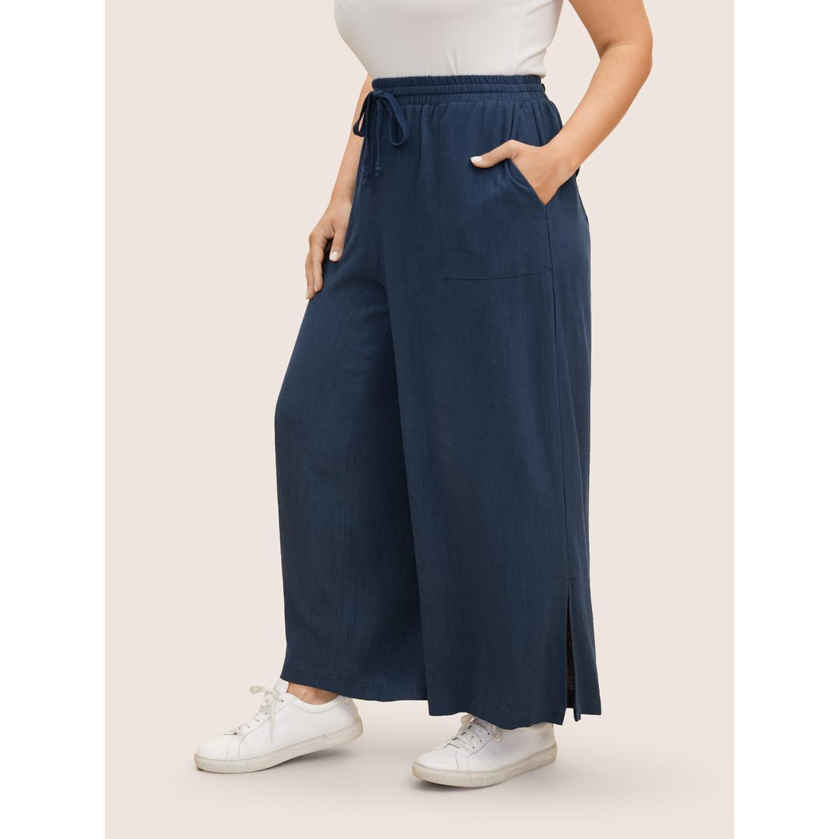 Plus Size Linen Blend Drawstring Split Hem Wide Leg Pants Women Indigo Casual Wide Leg Mid Rise Everyday Pants BloomChic 10/M Product Image