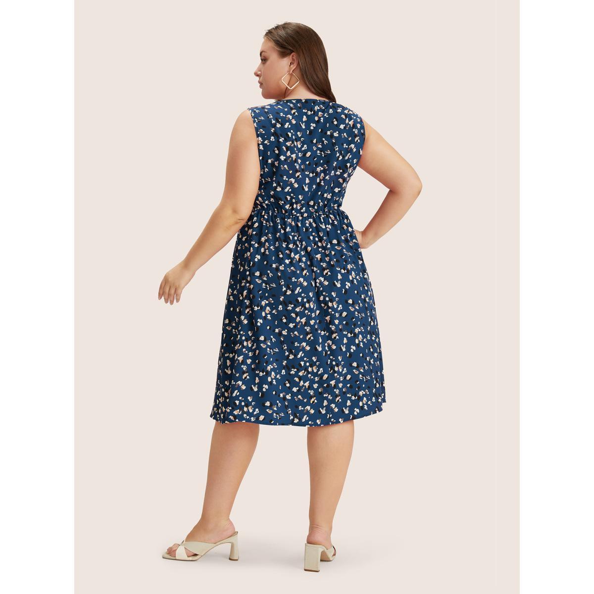 Plus Size Allover Print Pocket Flutter Crossover Ruched Tank Dress Aegean Women Elegant Twist Round Neck Sleeveless Curvy Midi Dress BloomChic 18-20/2X Product Image