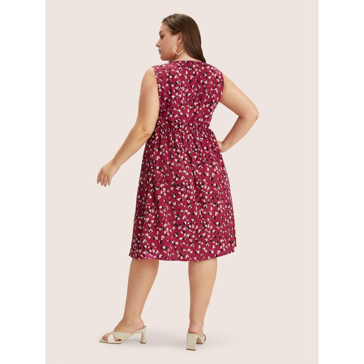 Plus Size Allover Print Pocket Flutter Crossover Ruched Tank Dress Burgundy Women Elegant Twist Round Neck Sleeveless Curvy Midi Dress BloomChic 26/4X Product Image