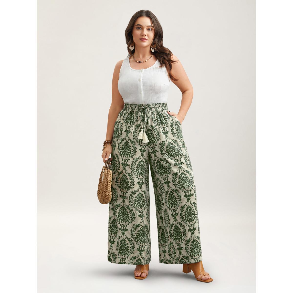 Plus Size Damask Print Tassel Straight-Leg Pants Women Truegreen Resort Wide Leg Mid Rise Vacation Pants BloomChic 28/5X Product Image