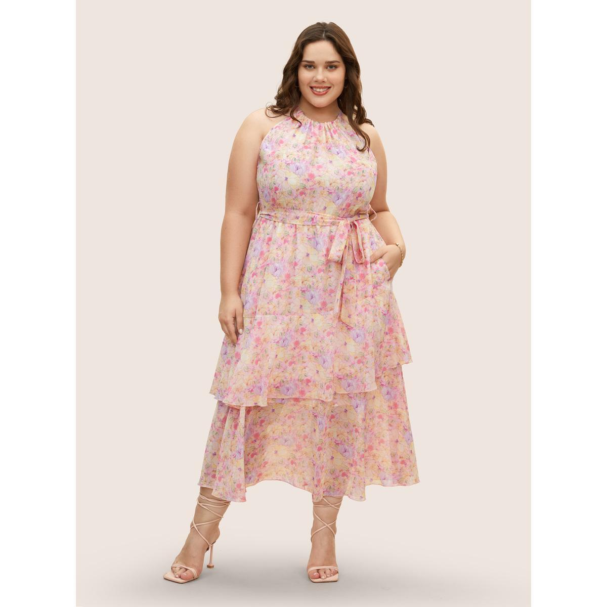 Plus Size Halter Floral Belted Layered Hem Dress Nudepink Women Elegant Halter neck Sleeveless Curvy BloomChic 14-16/1X Product Image
