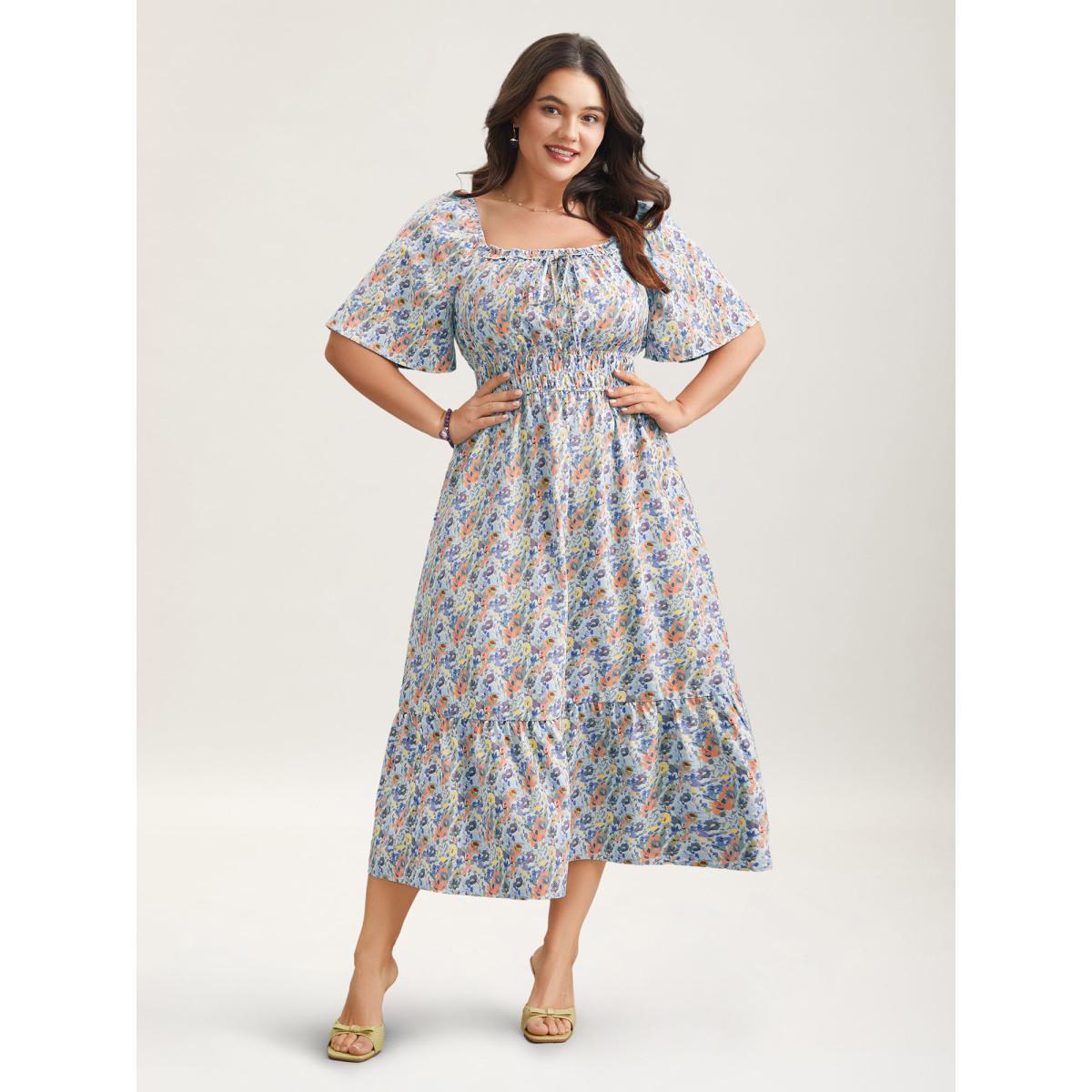 Plus Size Smocked Waist Floral Ties Tiered Maxi Dress LightBlue Women Elegant Tie knot Square Neck Short sleeve Curvy BloomChic 12/L Product Image