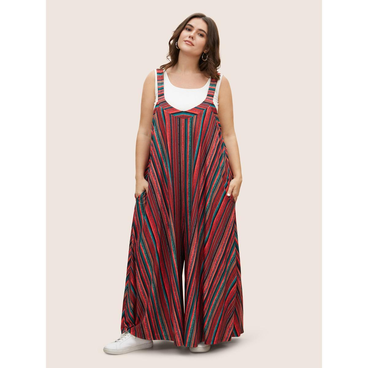 Plus Size Multicolor Colored Striped Adjustable Straps Jumpsuit Women Casual Sleeveless Non Everyday Loose Jumpsuits BloomChic 10/M Product Image