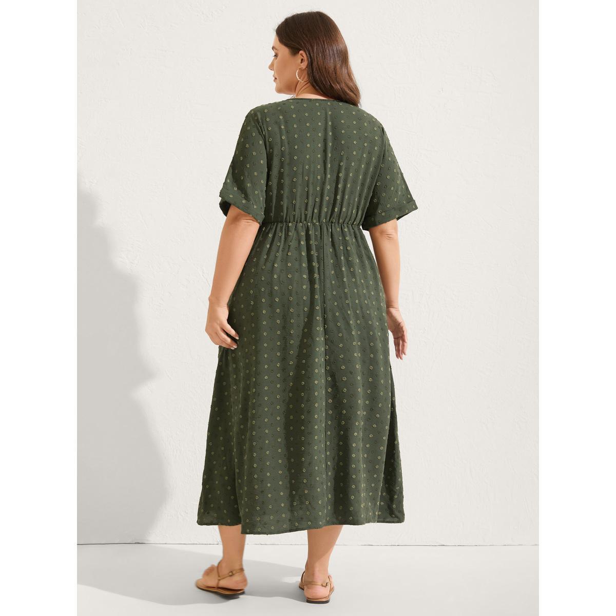 Plus Size Textured Pleated Twist Waist Midi Dress ArmyGreen Women Overlapping Overlap Collar Short sleeve Curvy BloomChic 18-20/2X Product Image