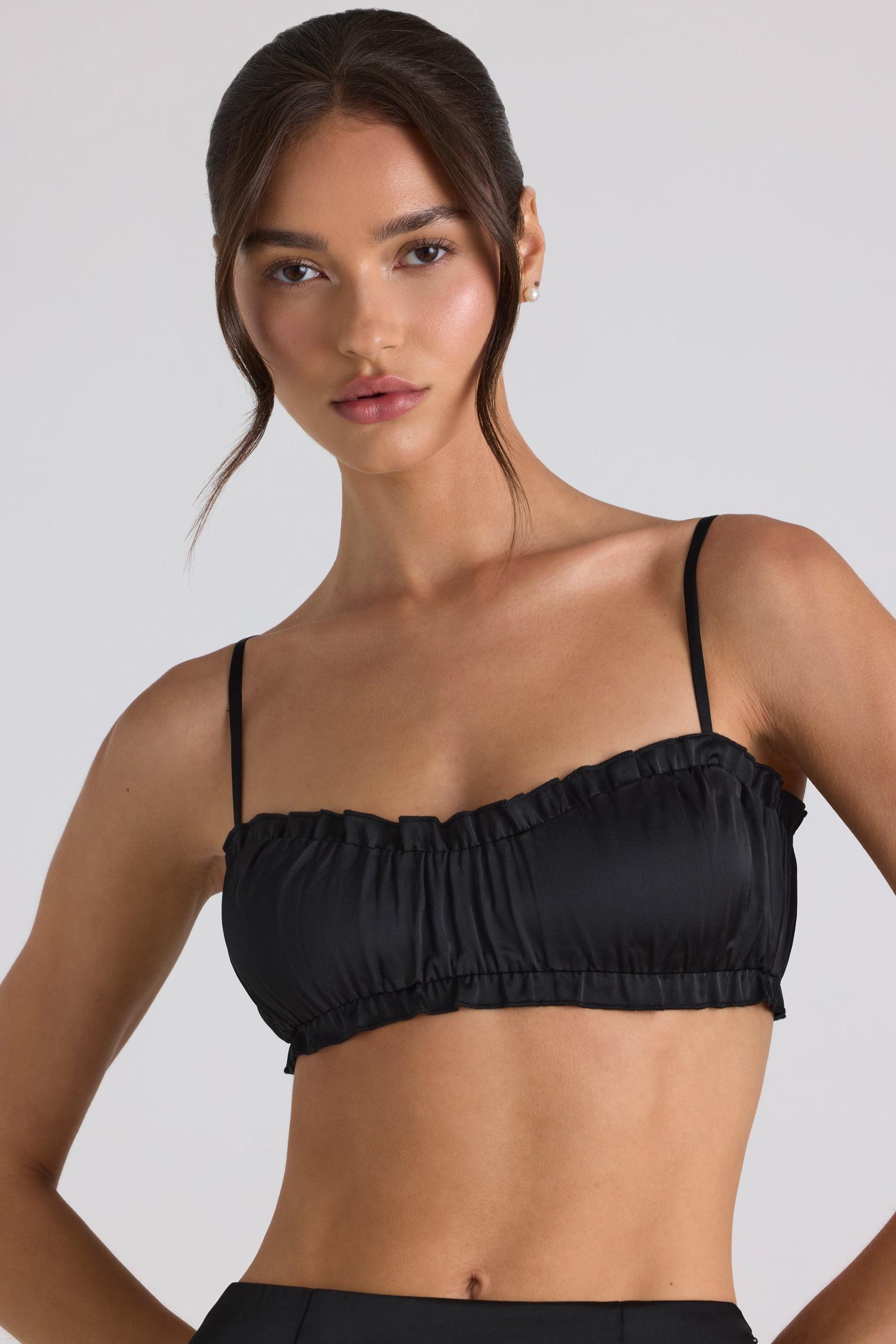 Ruffle-Trim Smocked Crop Top in Black Product Image