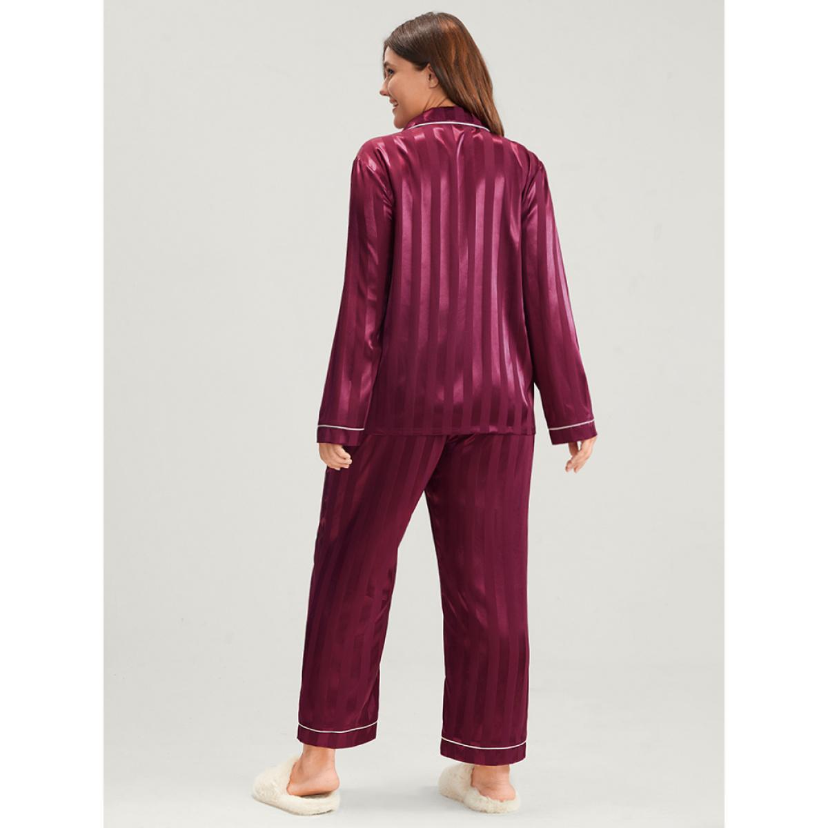 Plus Size Solid Striped Button Satin Pajama Set Women Burgundy Plain Patchwork Long Sleeve Shirt collar Casual Loungewear Sets BloomChic 18-20/2X Product Image