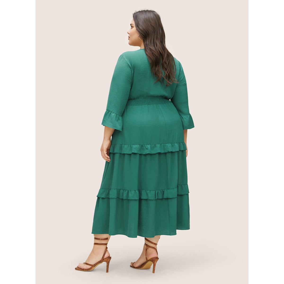 Plus Size Plain Shirred Flutter Layered Hem Dress Emerald Women Elegant Non V-neck Elbow-length sleeve Curvy Midi Dress BloomChic 10/M Product Image