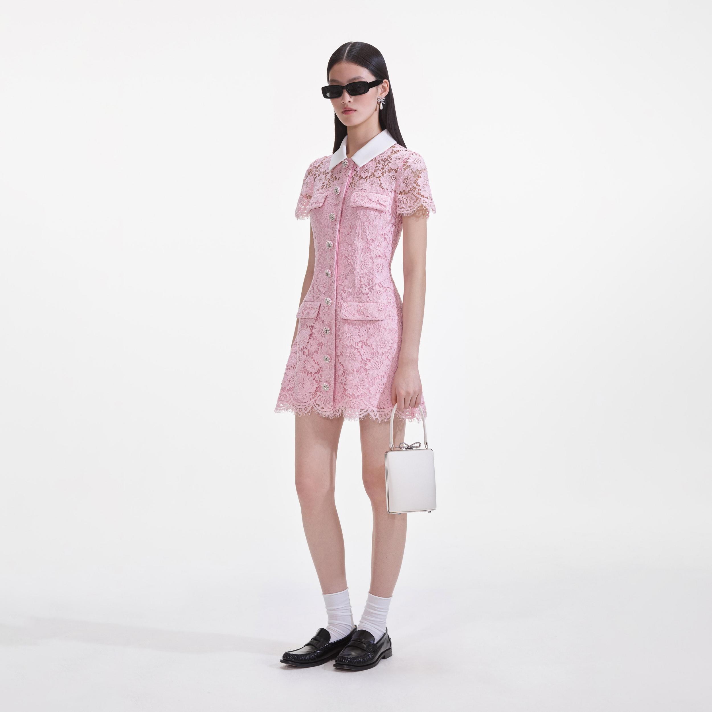 Pink Lace Collared Mini Dress Product Image