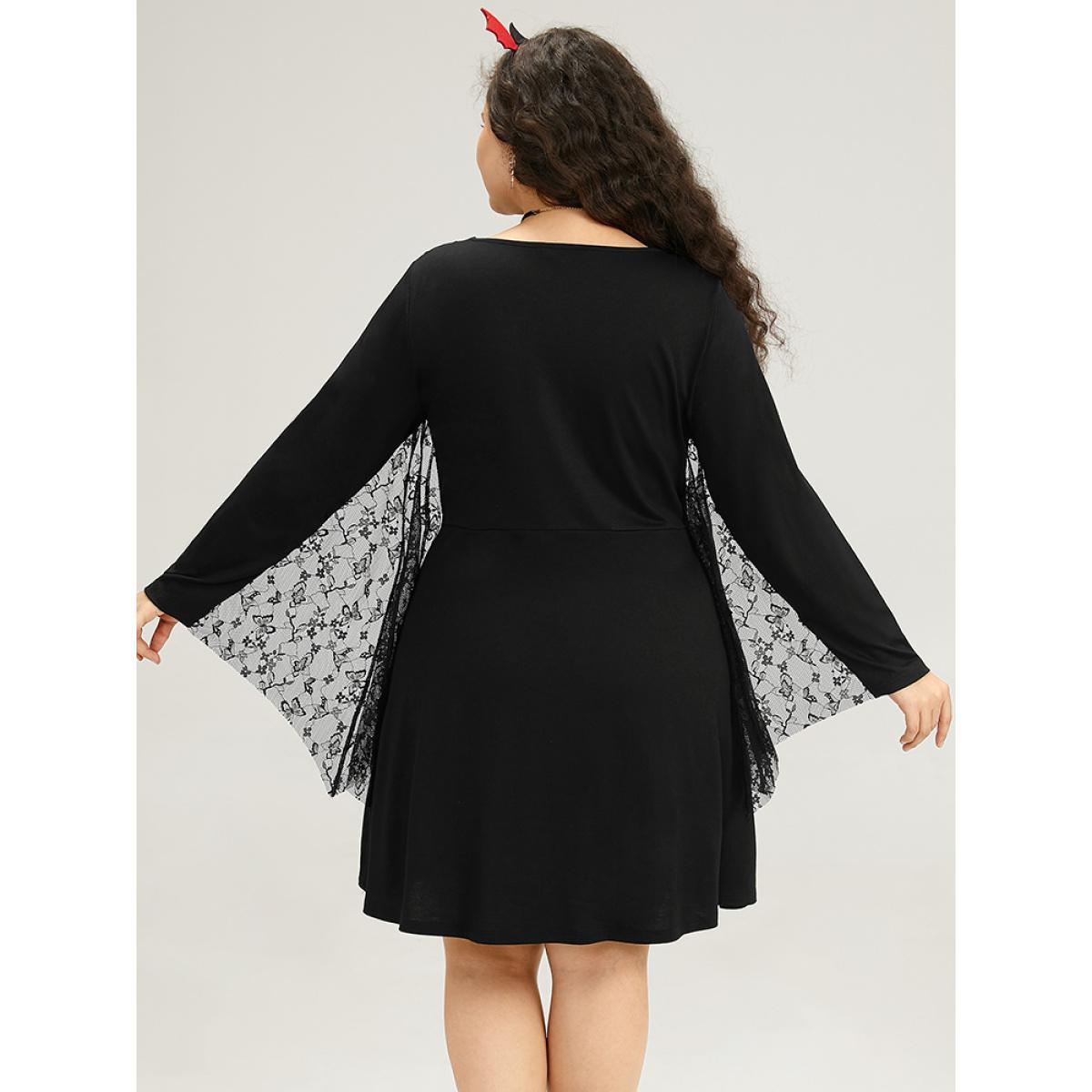 Plus Size Halloween Plain Contrast Lace Flutter Hem Dress DarkGreen Women Casual See through V-neck Long Sleeve Curvy Knee Dress BloomChic 26/4X Product Image