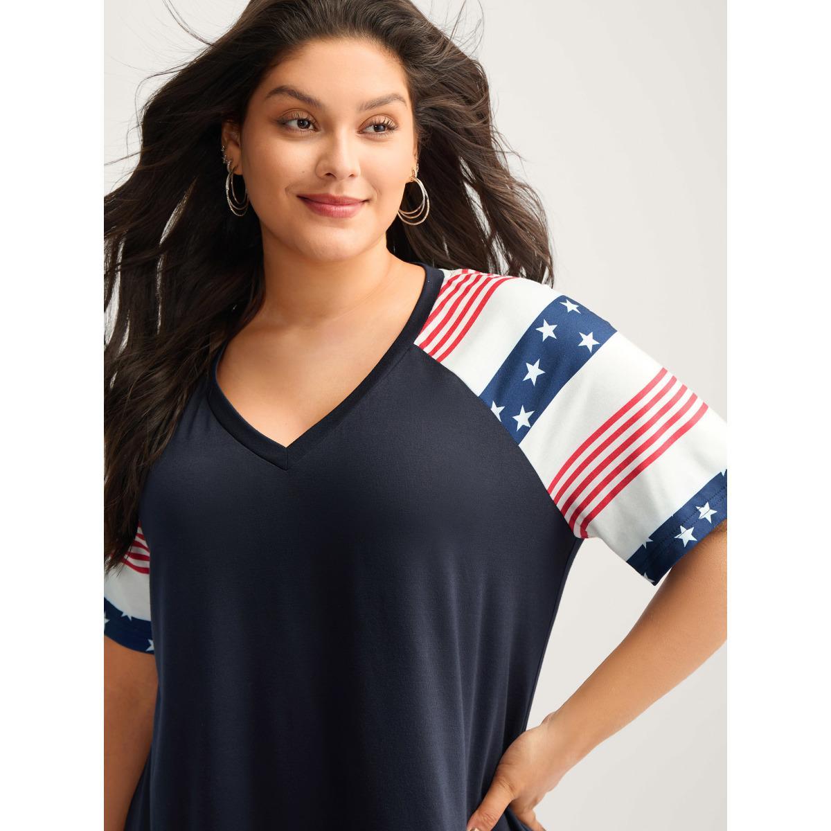 Plus Size Stars and Stripes Raglan T-Shirt Navy Women Round Neck Everyday-Casual T-shirts BloomChic 28/5X Product Image