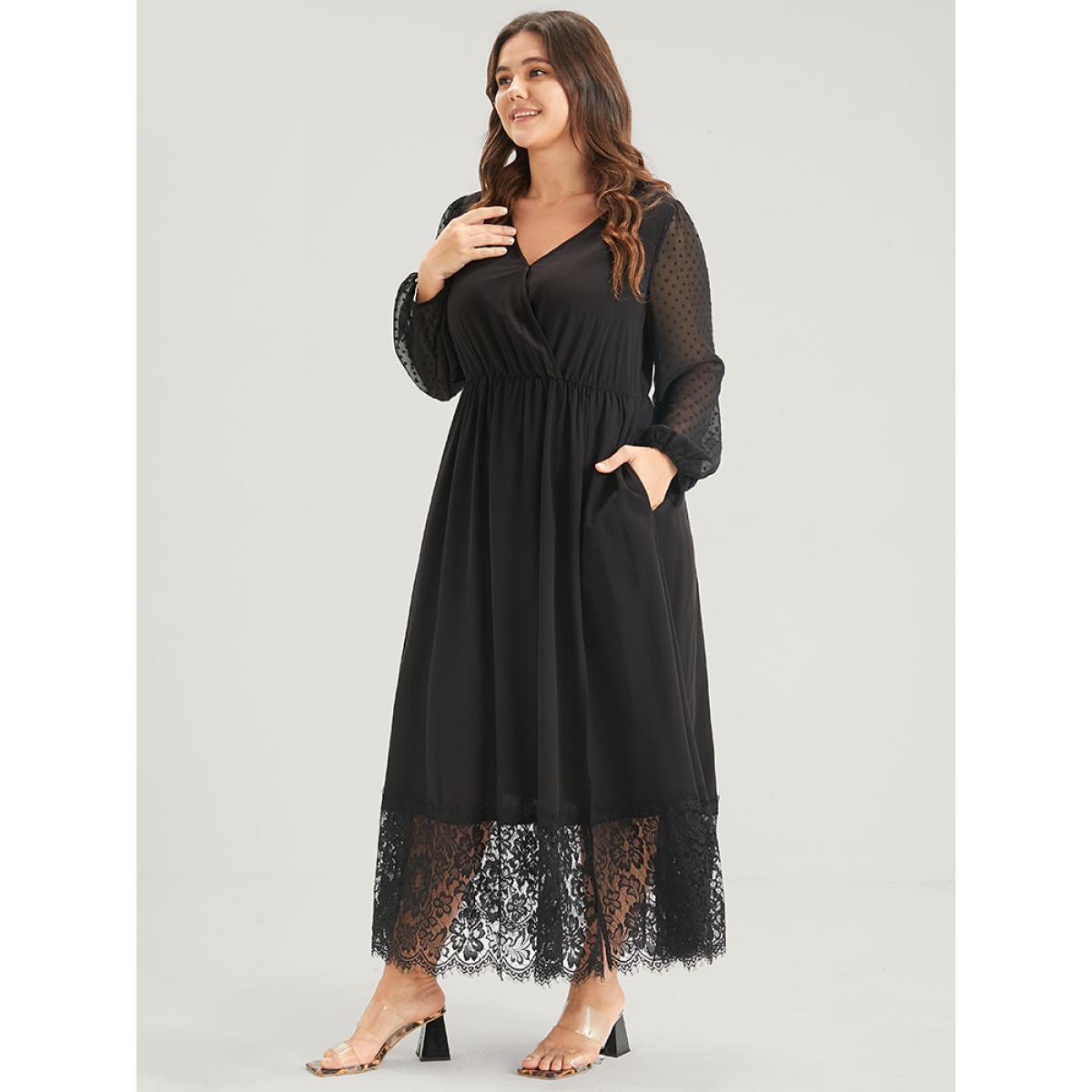 Plus Size Solid Split Eyelet Lace Belted Pocket Button Wrap Maxi Dress Black Women Elegant Lace V-neck Long Sleeve Curvy Long Dress BloomChic 14-16/1X Product Image