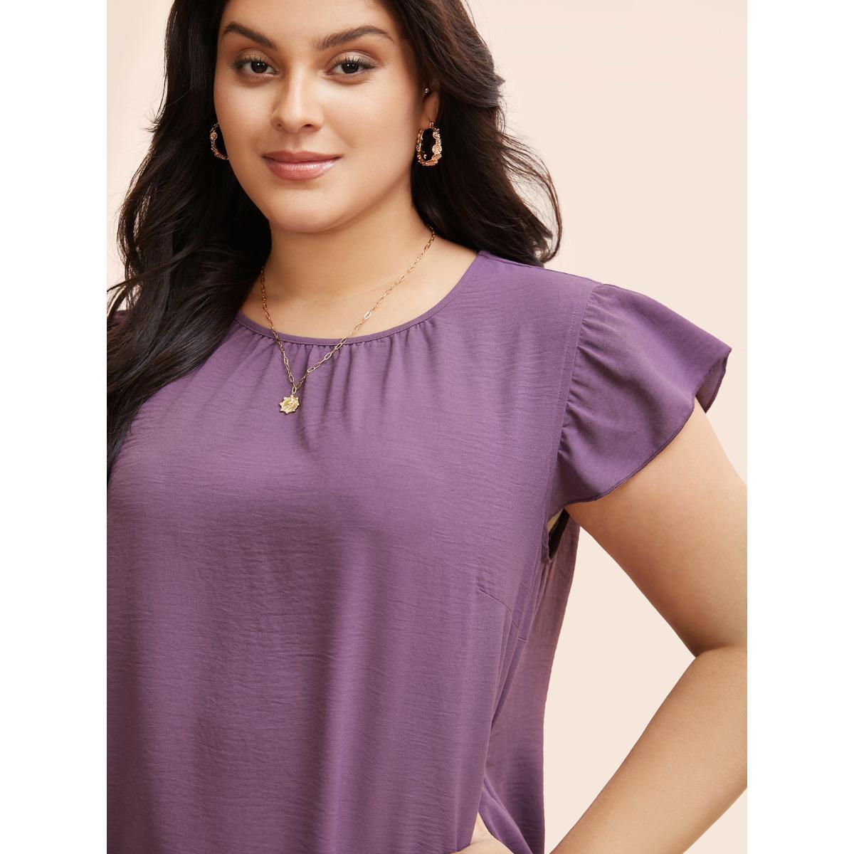 Plus Size Mauve Solid Gathered Flutter Trim Blouse Women Elegant Cap Sleeve Round Neck Dailywear Blouses BloomChic 14-16/1X Product Image