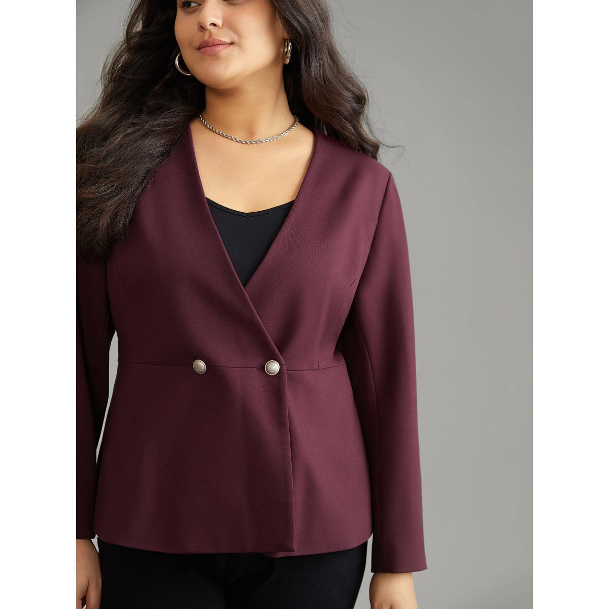 Plus Size Plain Deep V Neck Buckle Detail Blazer Burgundy Women Work Plain Sleeve Long Sleeve Deep V-neck 10/M Office Blazers BloomChic Product Image