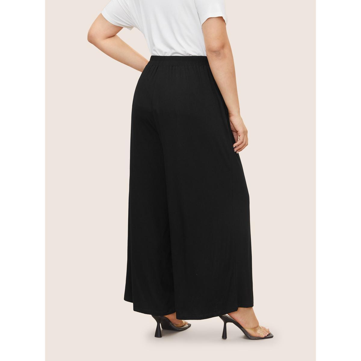 Plus Size Supersoft Essentials Button Detail Wide Leg Pants Women Black Elegant Wide Leg High Rise Everyday Pants BloomChic 12/L Product Image