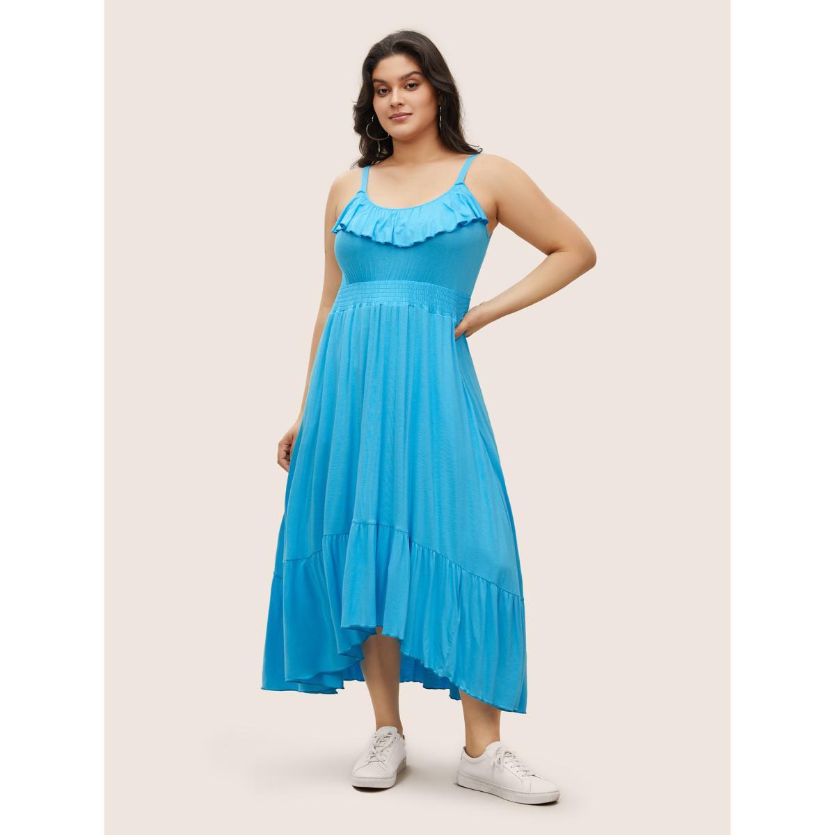Plus Size Supersoft Essentials Ruffle Trim Cami Dress Blue Women Casual Patchwork Non Sleeveless Curvy BloomChic 26/4X Product Image