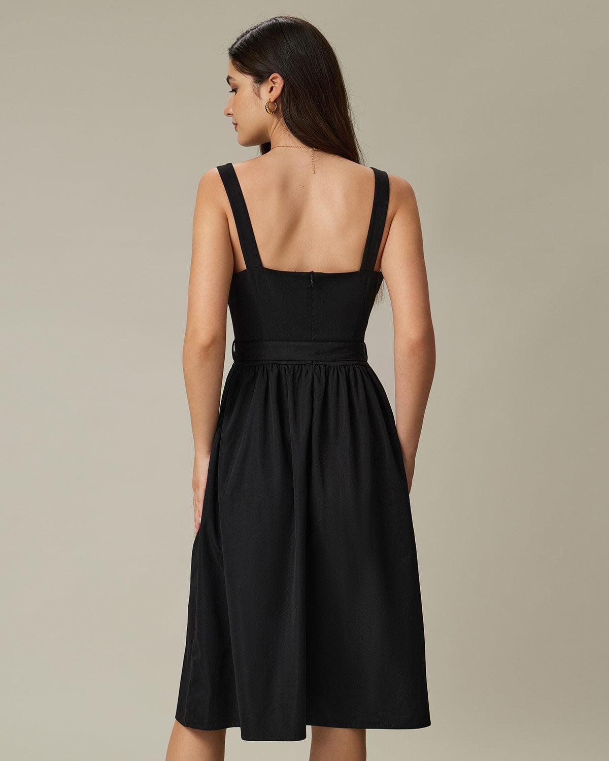 Black Square Neck Ruched Slip Midi Dress Product Image