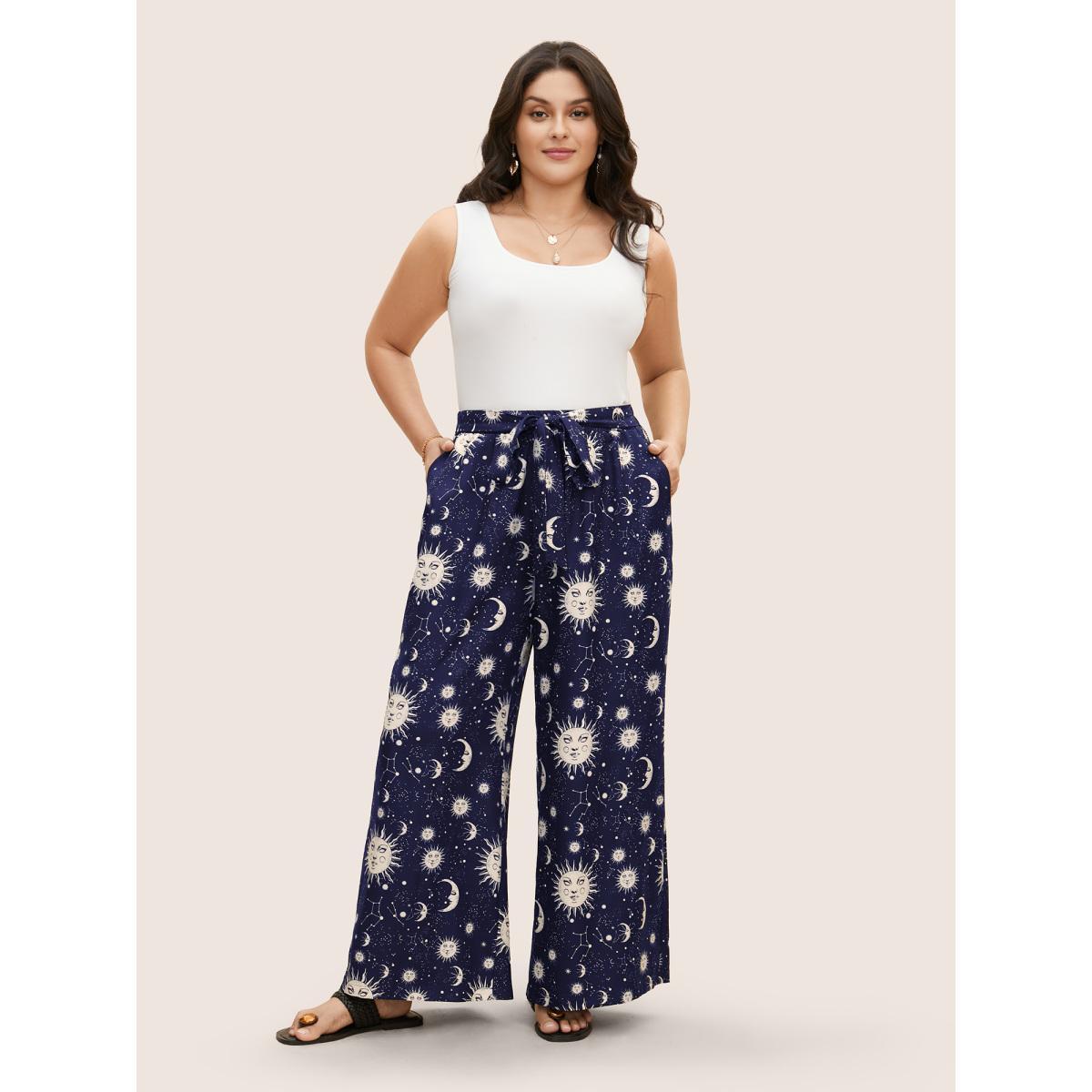 Plus Size Silhouette Floral Print Ties Side Seam Pocket Pants Women DarkBlue Elegant Wide Leg High Rise Everyday Pants BloomChic 10/M Product Image