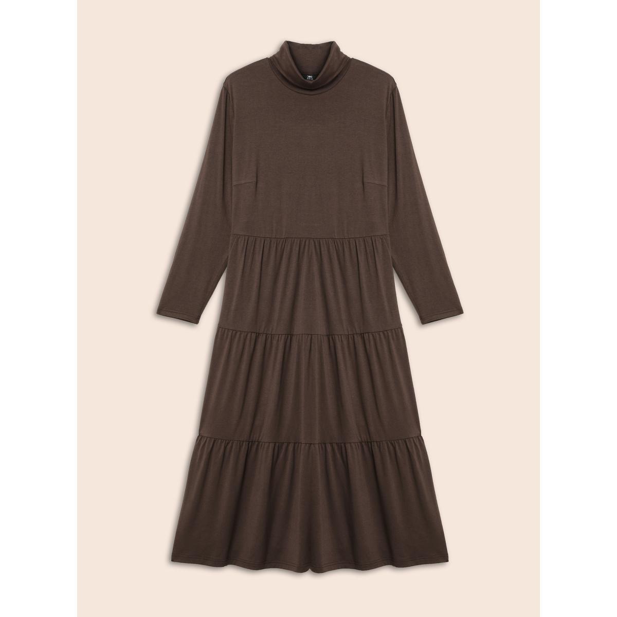 Plus Size Supersoft Essentials Funnel Neck Tiered Midi Dress DarkBrown Women Casual Ruffles Mock Neck Long Sleeve Curvy BloomChic 18-20/2X Product Image